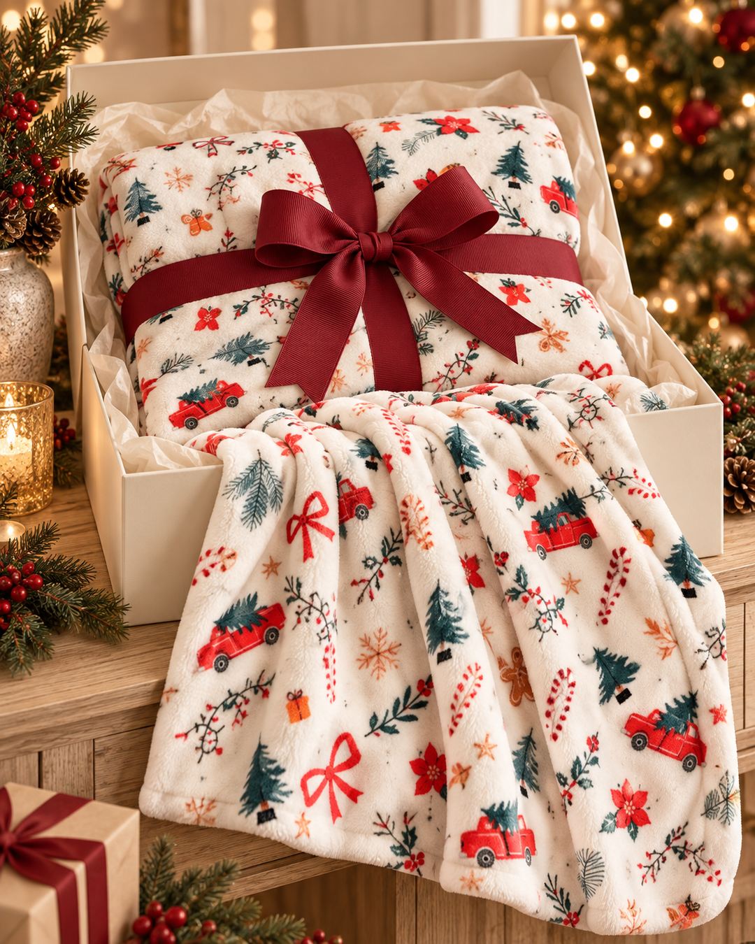 Christmas Fleece Blanket Gift | Ribbon-Wrapped Throw