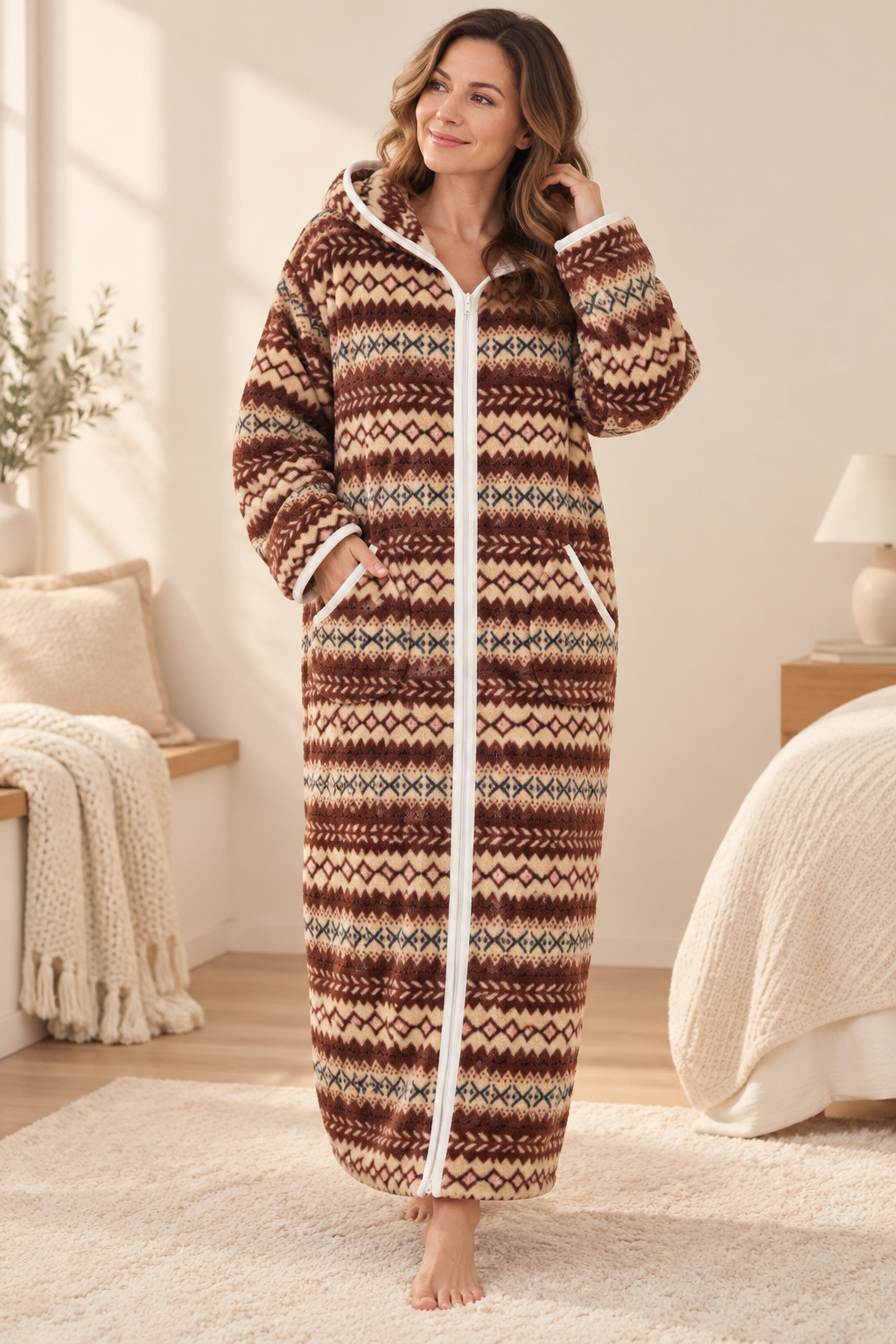 Women's Plush Printed Hooded Zip-Up Fleece Dressing Gown