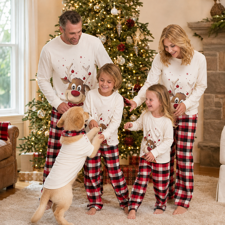 Carol — Family Christmas Pyjamas with Reindeer Top &amp; Red Tartan Bottoms
