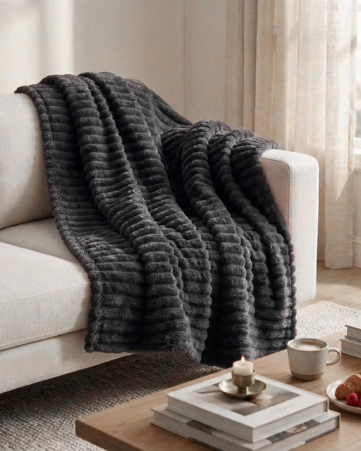 Ribbed Fleece Throw Blanket | Soft-Touch Sofa &amp; Bed Throw