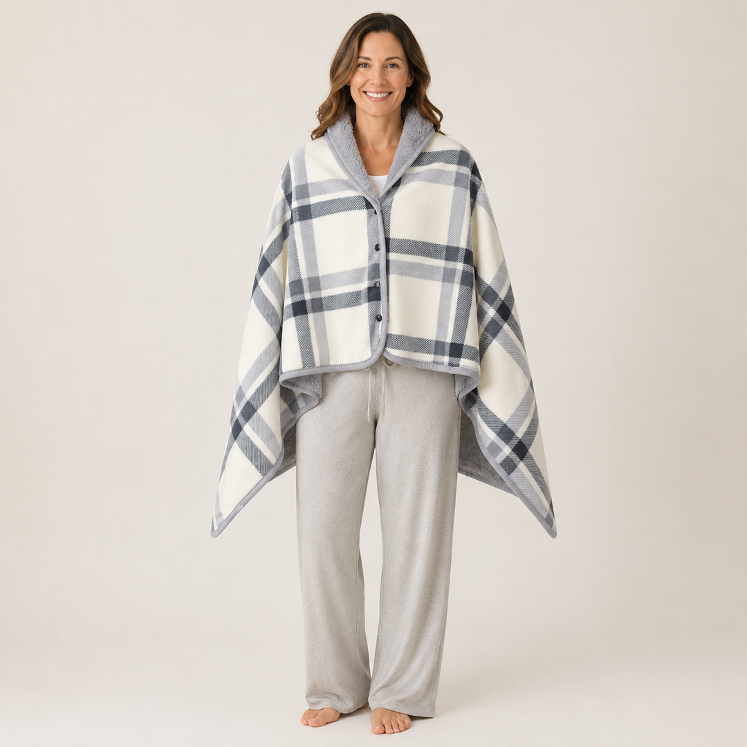 Women's Checked Fleece Wearable Blanket Poncho with Buttons