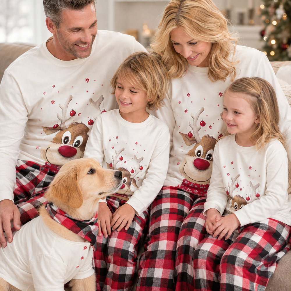 Carol — Family Christmas Pyjamas with Reindeer Top & Red Tartan Bottoms