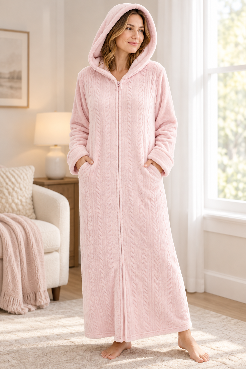 Women's Plush Hooded Zip-Front Fleece Dressing Gown with Pockets